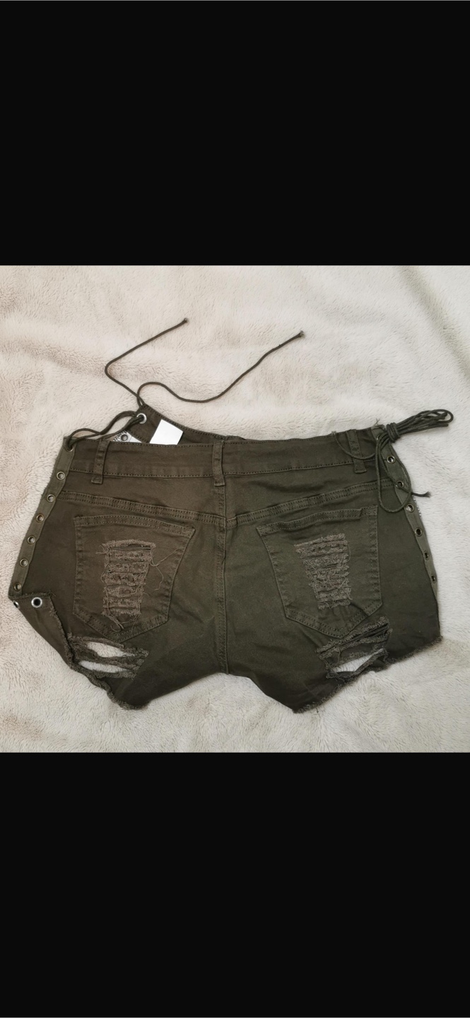 NEW! Dark Green Distressed Denim Shorts with Lace-Up Detail - photo 5