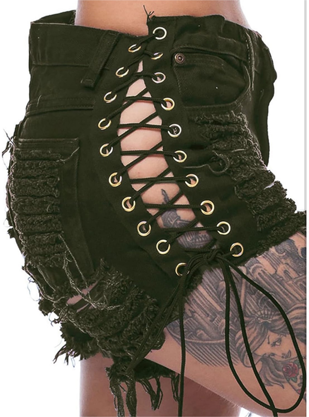 NEW! Dark Green Distressed Denim Shorts with Lace-Up Detail - photo 3