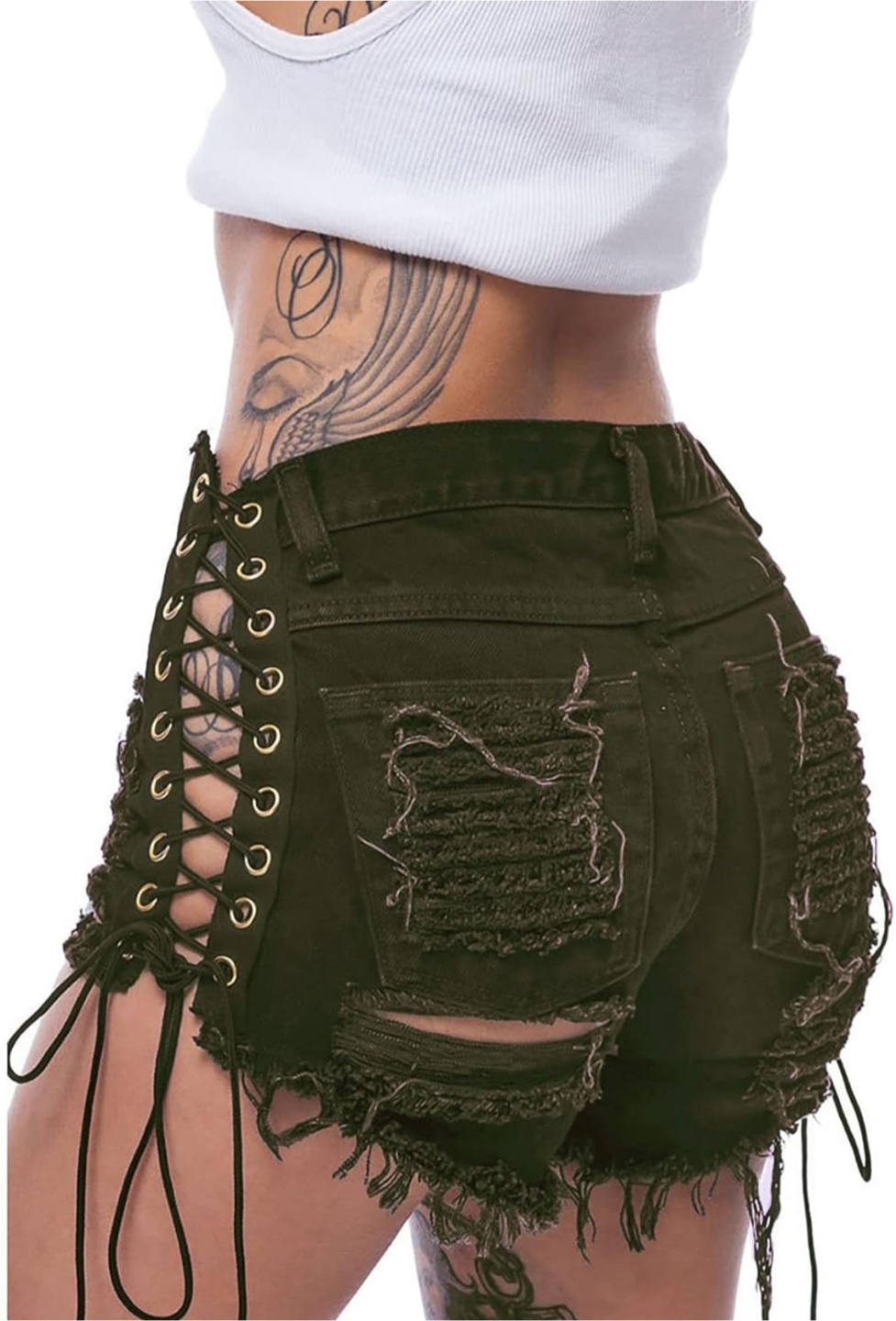 NEW! Dark Green Distressed Denim Shorts with Lace-Up Detail - photo 2