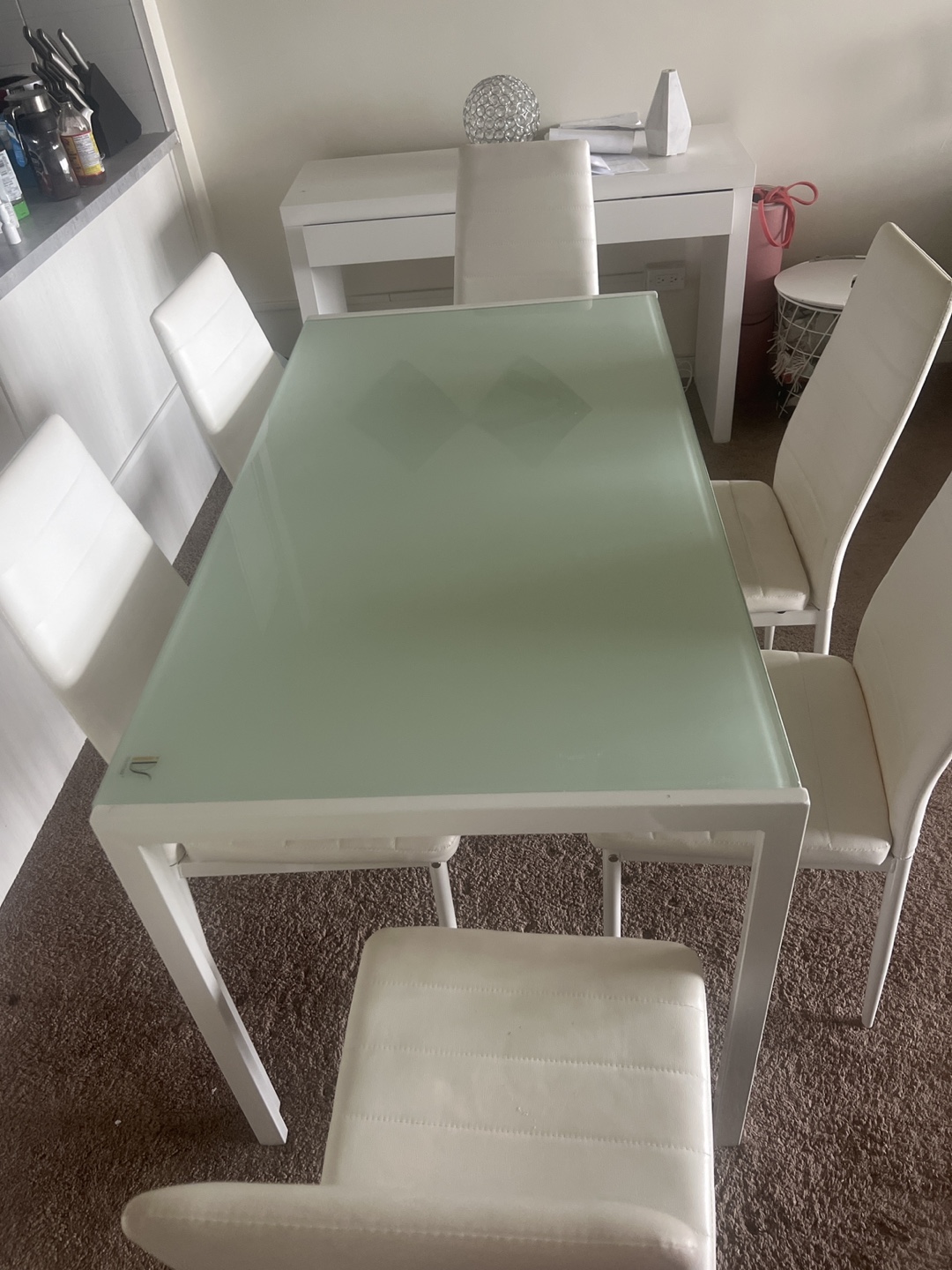 White Glass-Top Dining Table with Six Chairs