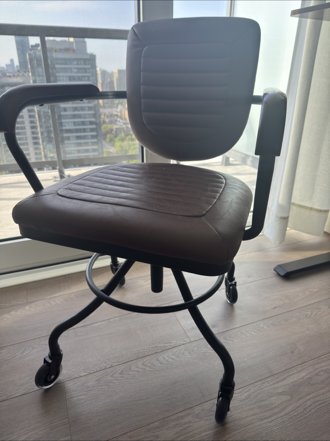 Brown is Leather Swivel Desk Chair with Wood Armrests - photo 2