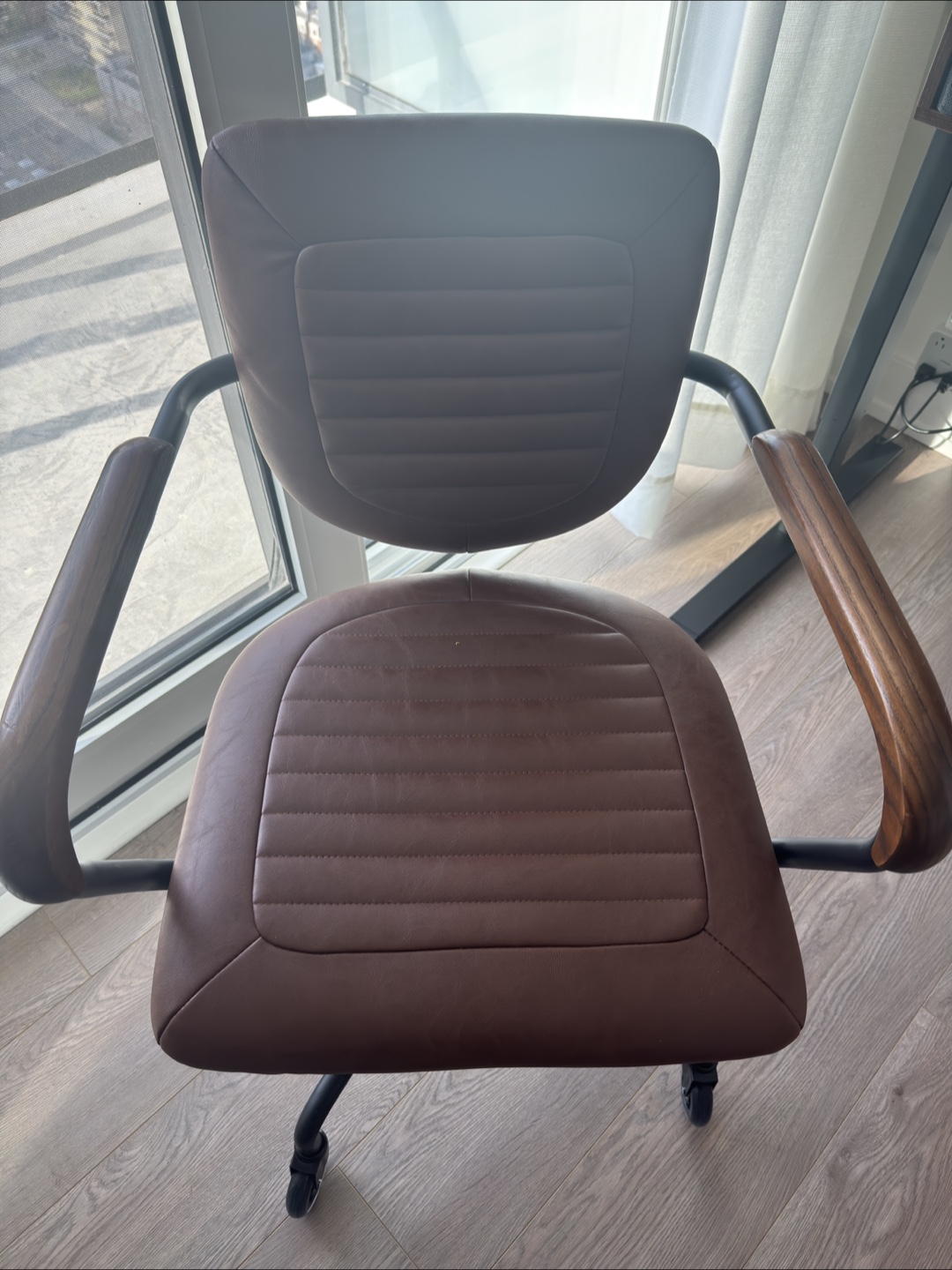 Brown is Leather Swivel Desk Chair with Wood Armrests