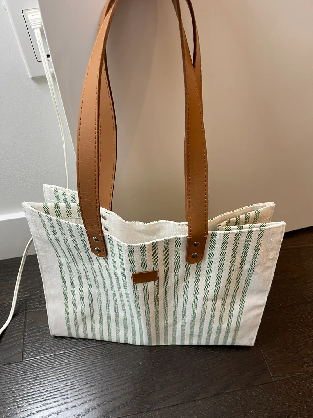 Striped Tote Bag with Leather Handles thumbnail