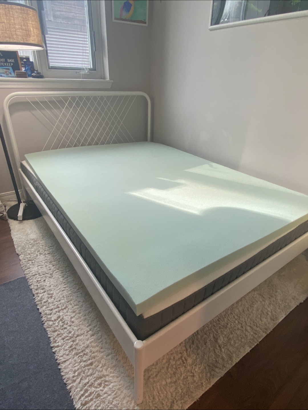 Double size bed with mattress and memory foam topper