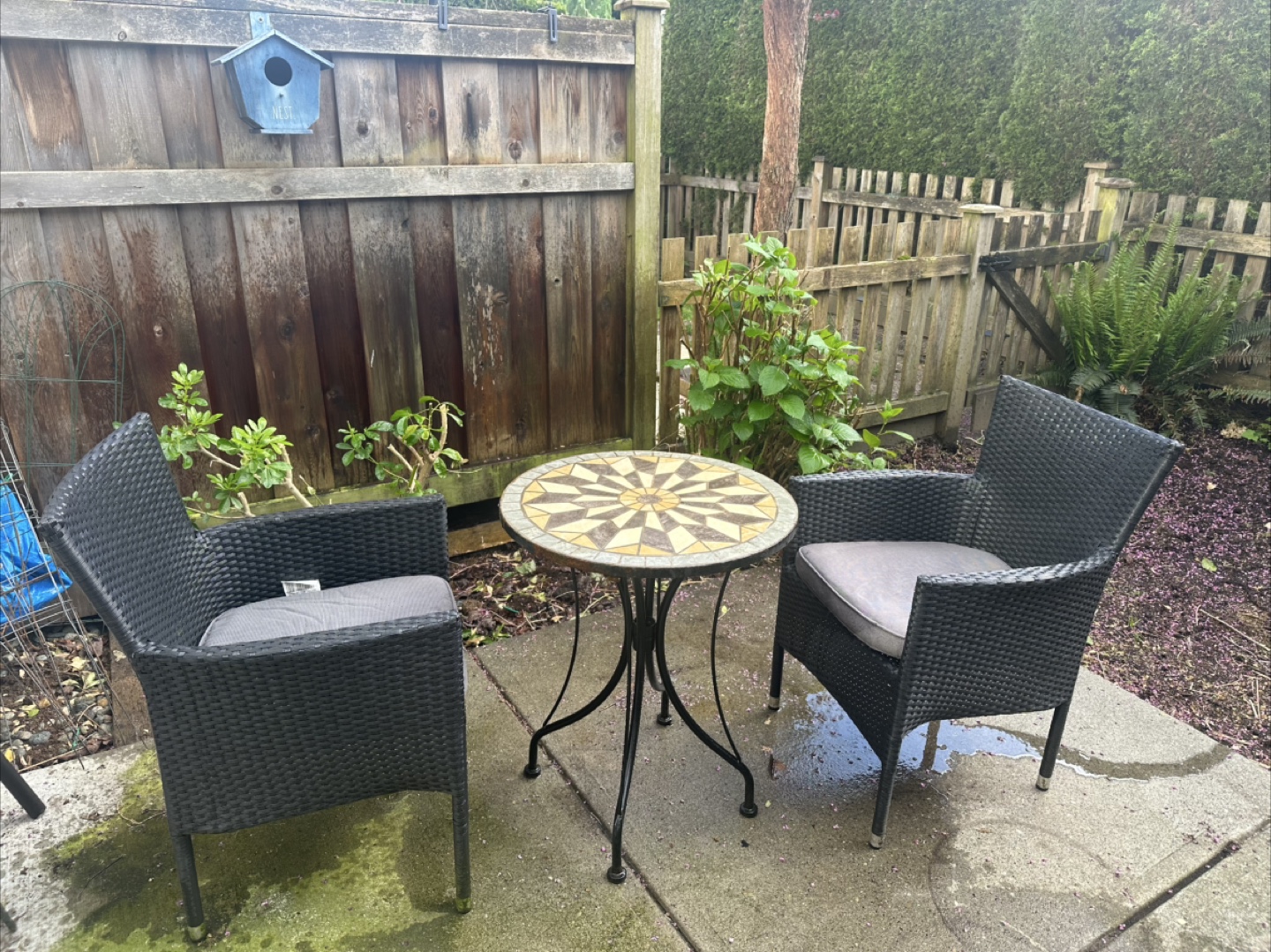 Patio Set: Mosaic Table and Two Wicker Chairs