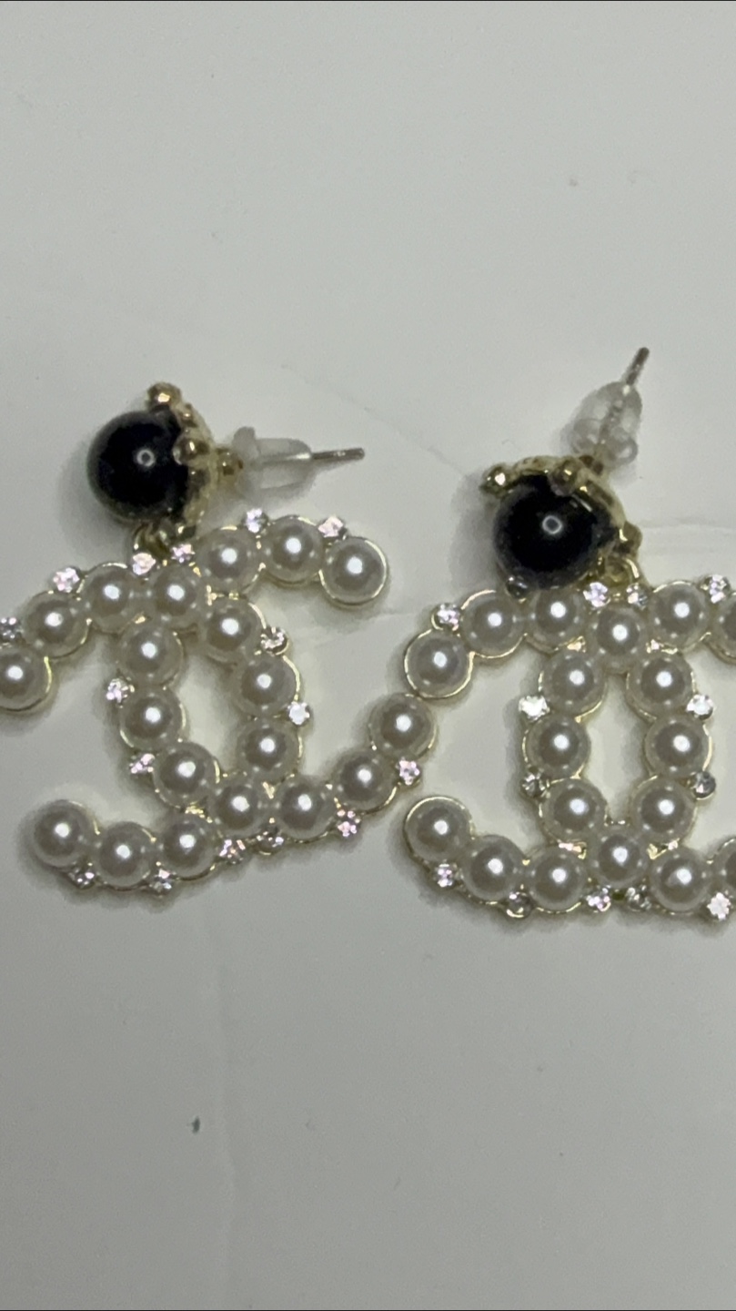 Pearl and Rhinestone CC Logo Earrings