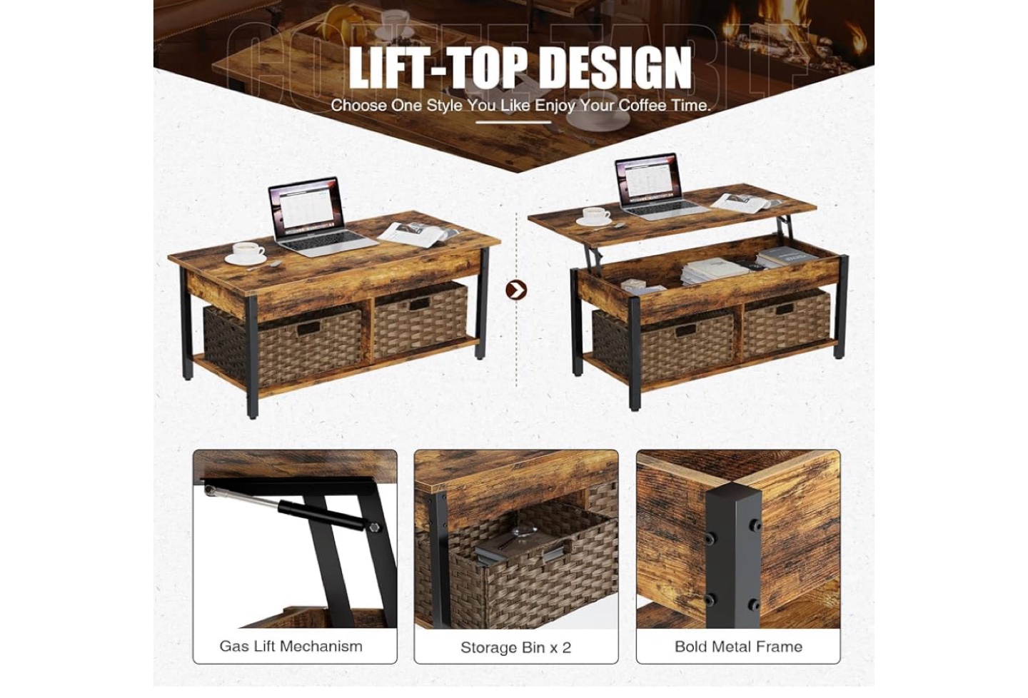 Rustic Lift-Top Coffee Table with Storage - photo 3
