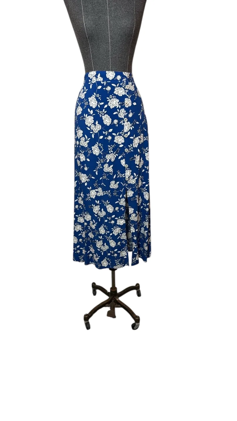 Women's Blue Floral Midi Skirt with Front Slit thumbnail