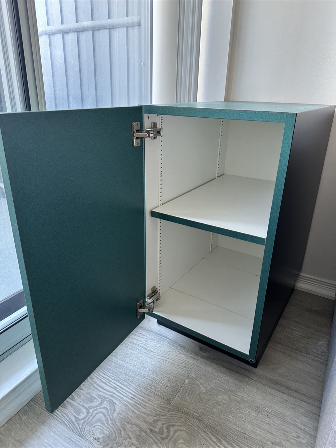 Teal and Black Cabinet with One Shelf