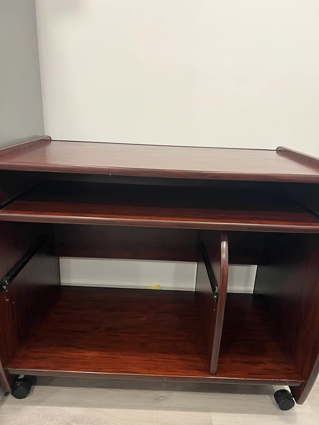 Dark wood computer desk with pull-out keyboard tray thumbnail