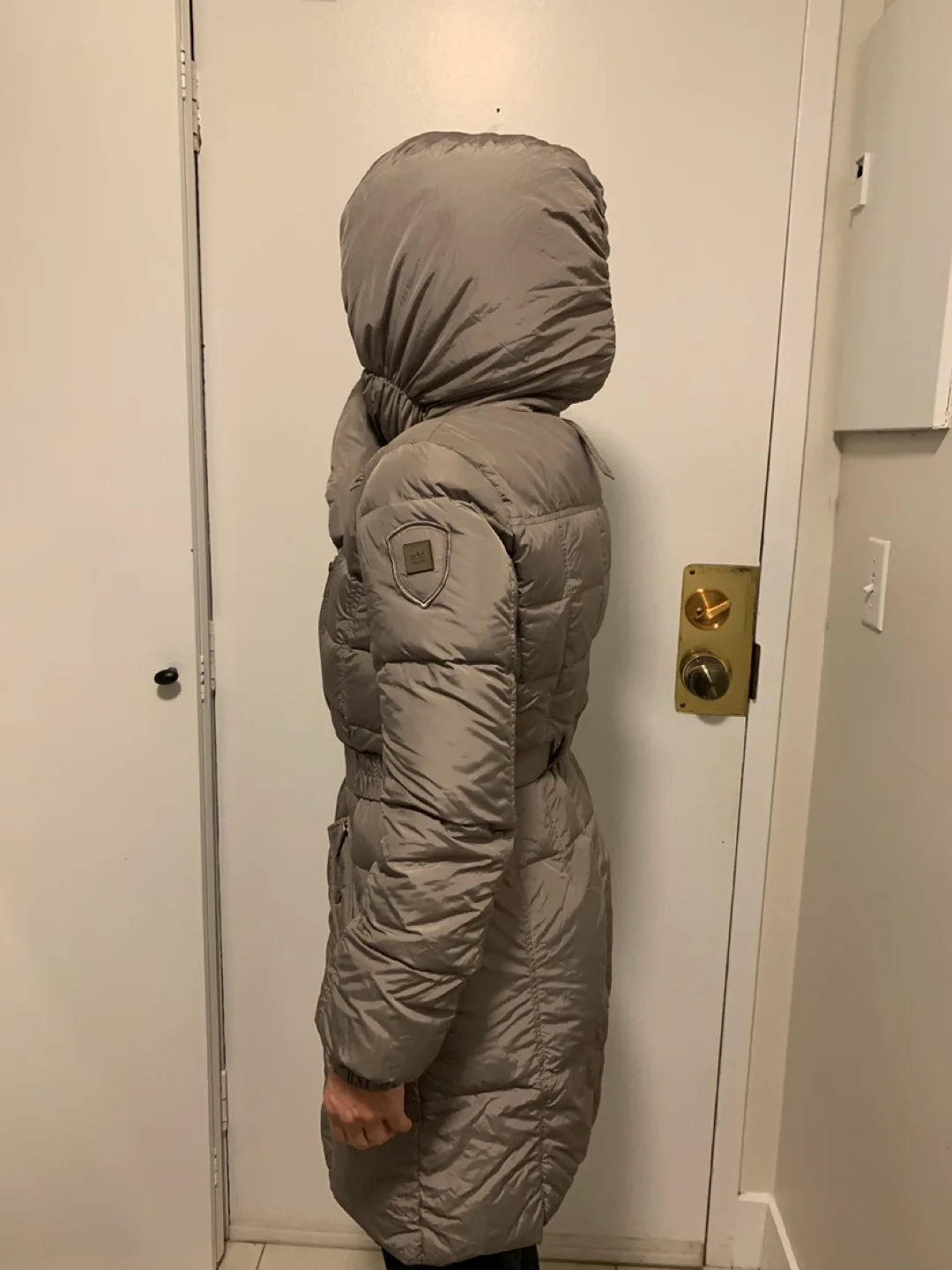 Women's Beige Belted Puffer Coat with Hood image indicator(2)