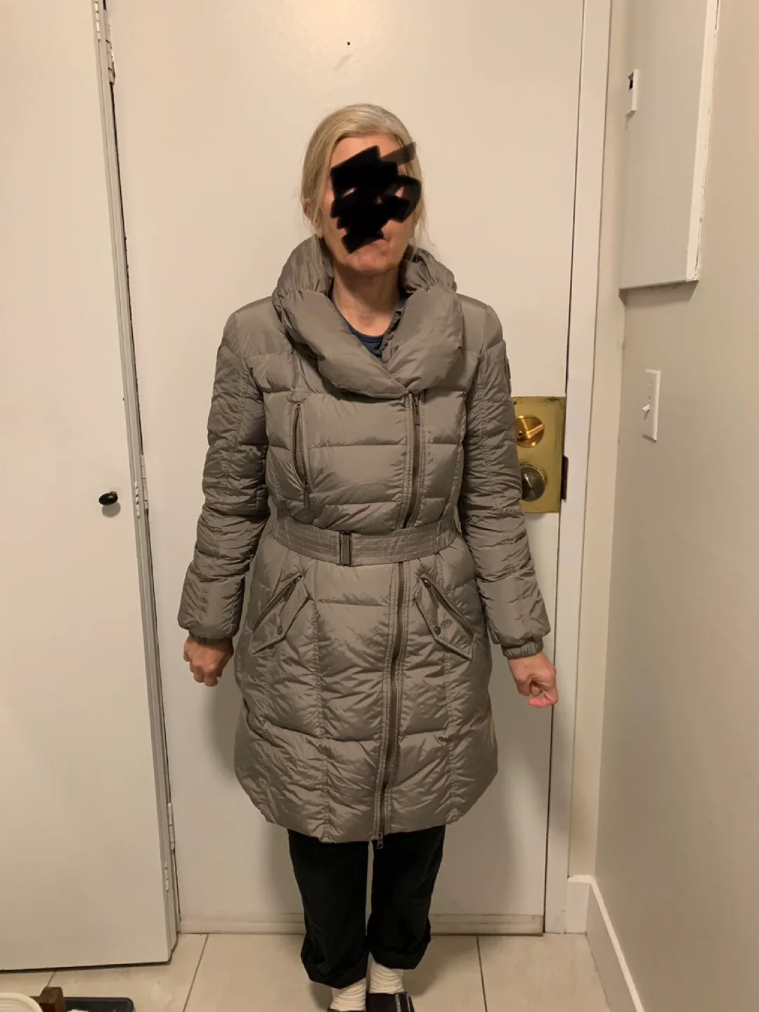 Women's Beige Belted Puffer Coat with Hood image indicator(4)