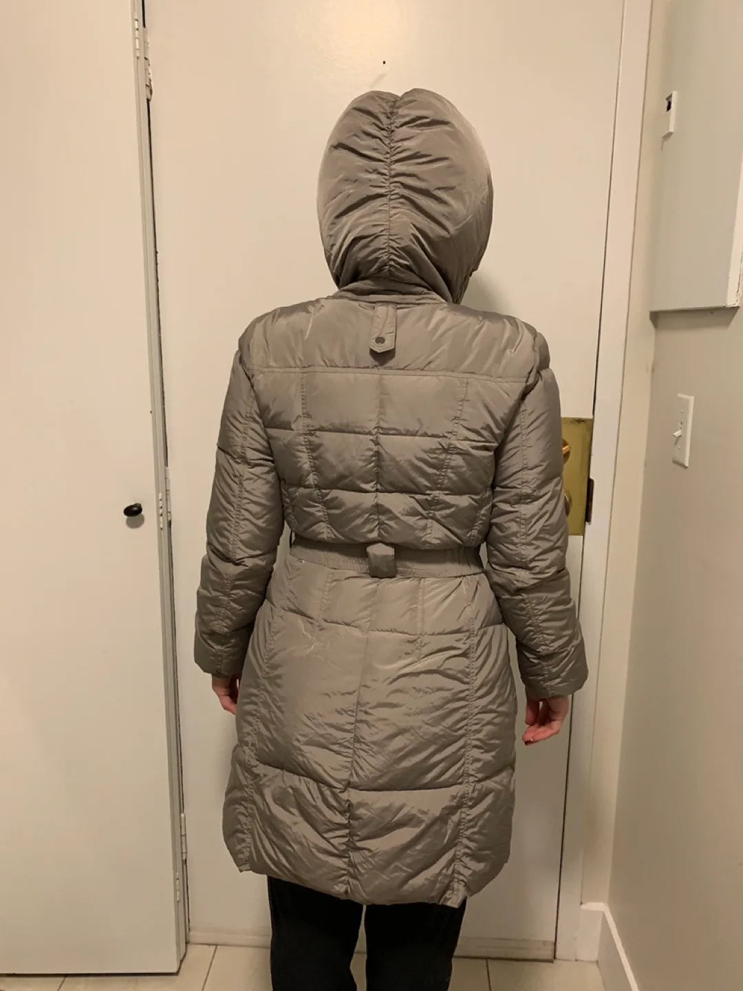 Women's Beige Belted Puffer Coat with Hood image indicator(3)