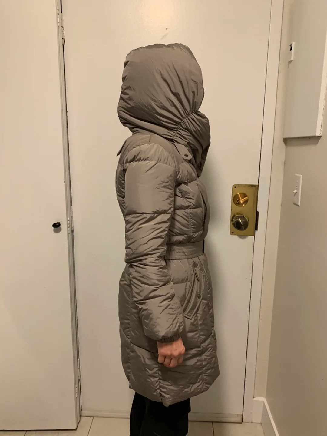 Women's Beige Belted Puffer Coat with Hood image indicator(6)