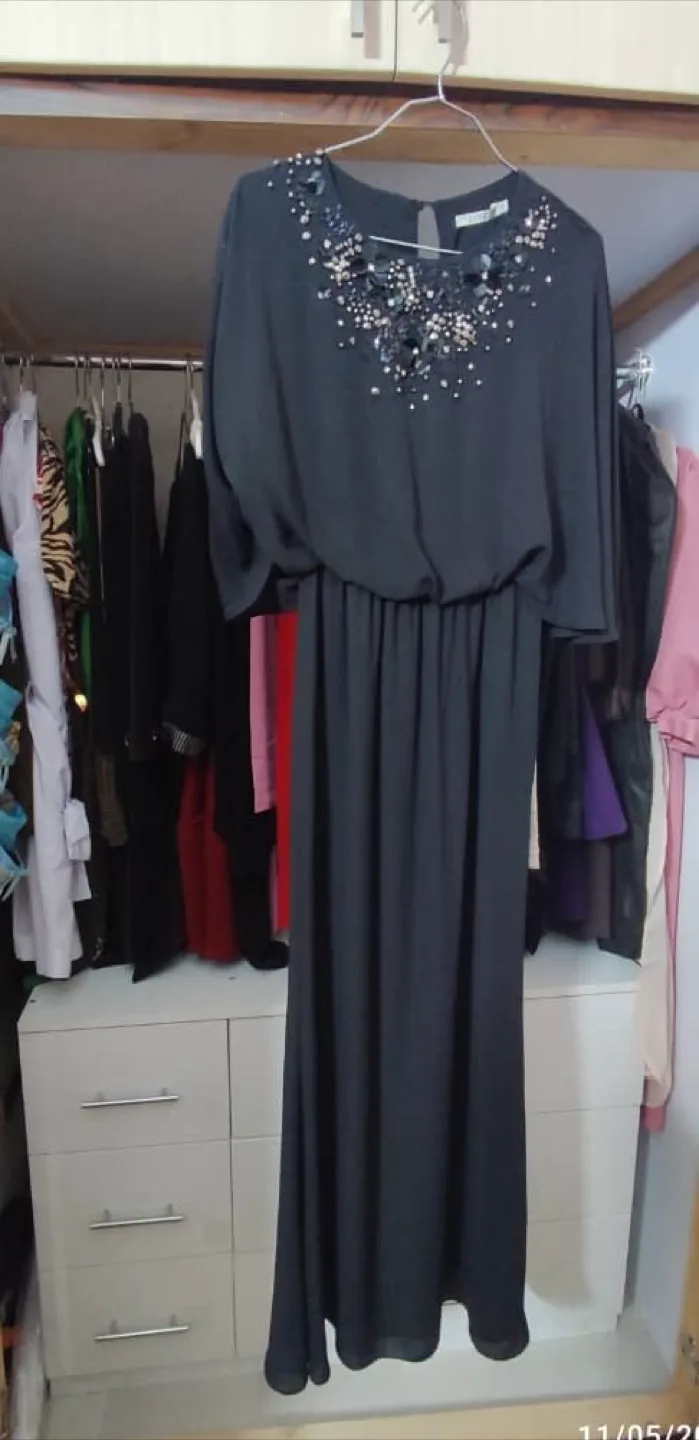 Elegant Black Maxi Dress with Beaded Neckline image indicator(2)