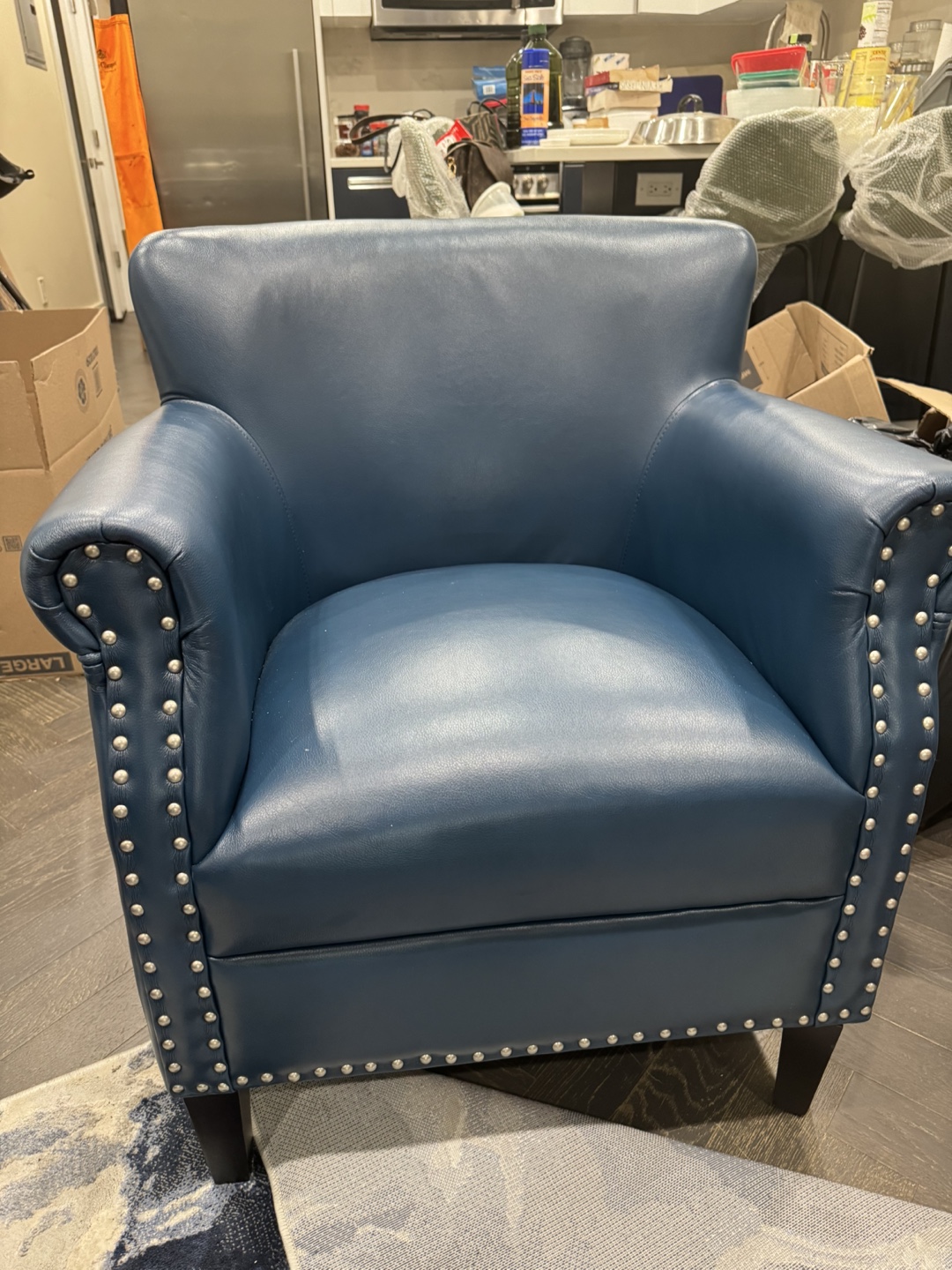 Navy Blue Leather Accent Chair with Nailhead Trim
