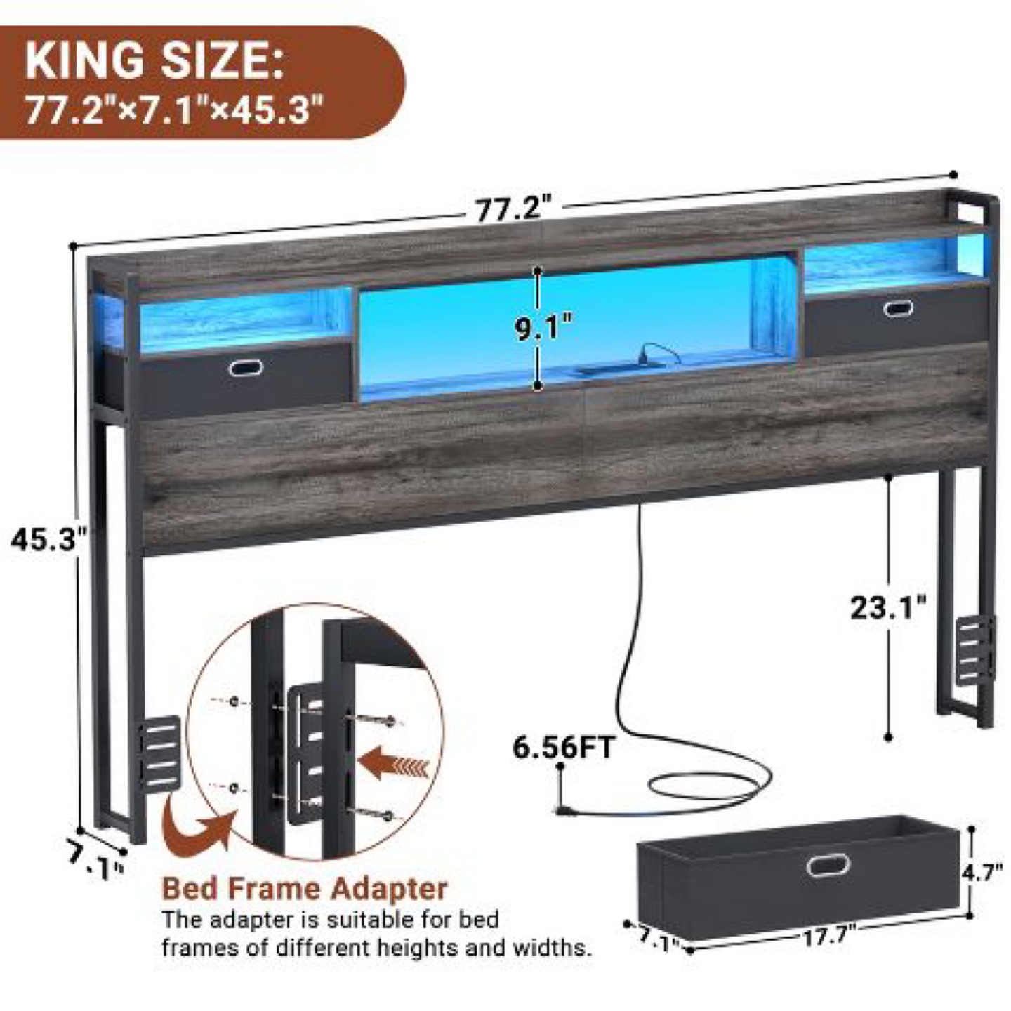 King Size LED Headboard with Shelves and Outlets - photo 2