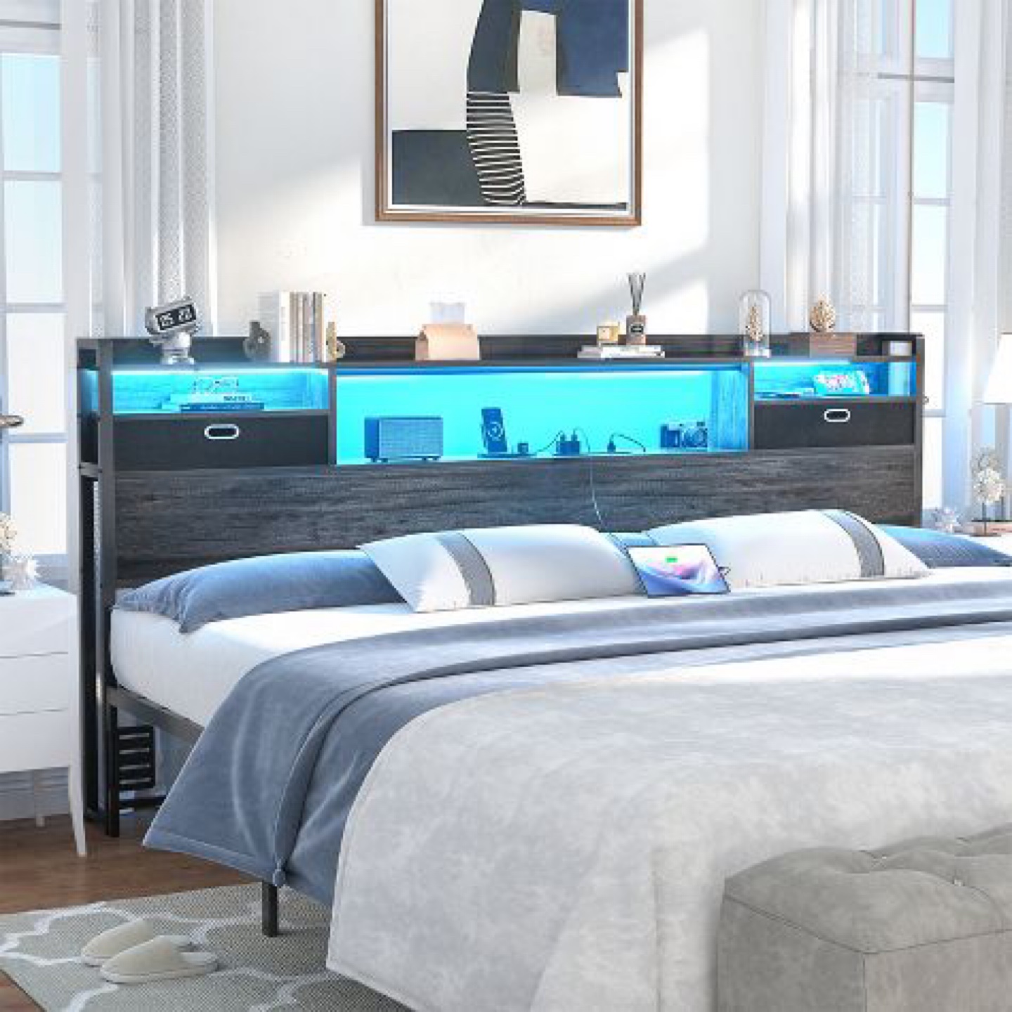 King Size LED Headboard with Shelves and Outlets