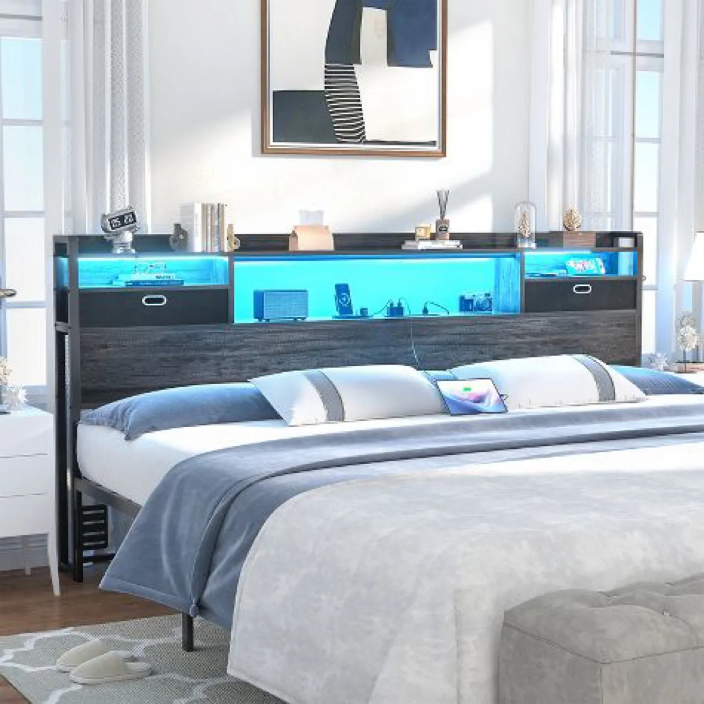 King Size LED Headboard with Shelves and Outlets thumbnail