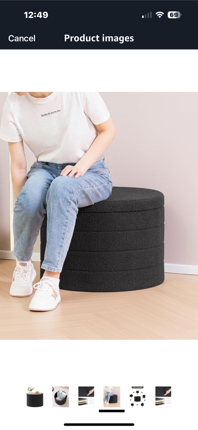 Round Storage Ottoman with Wooden Top