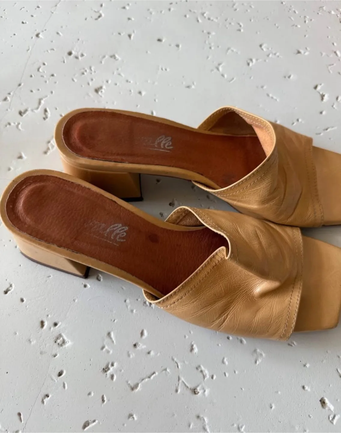Tan Leather Block Heel Slides image indicator(2)
