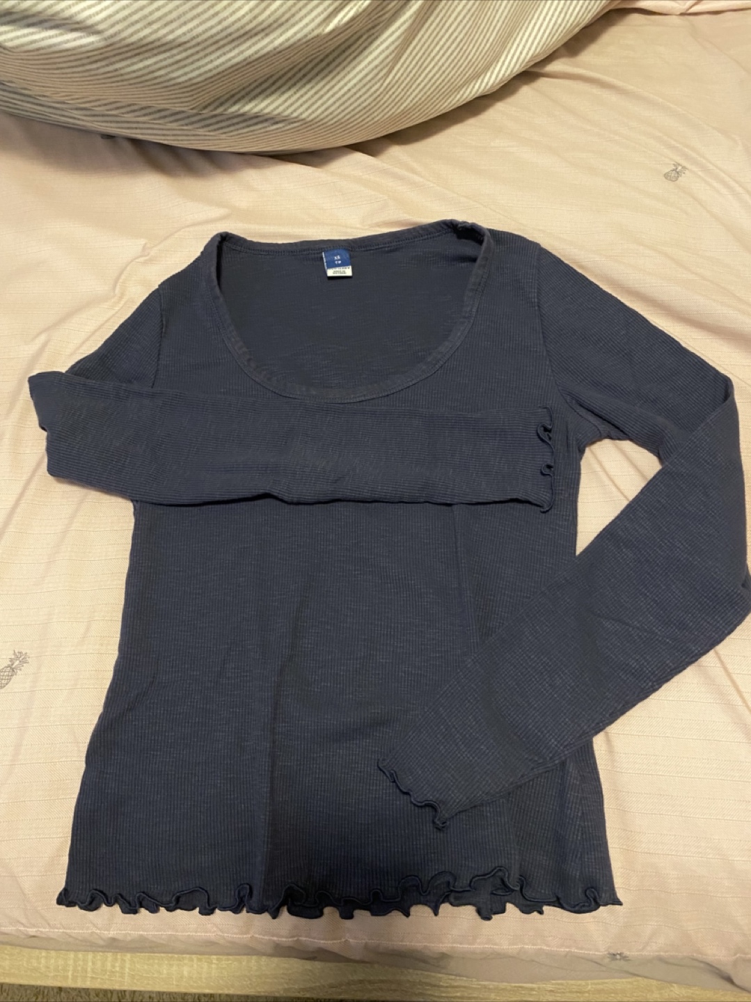 Washed navy long sleeve shirt with ruffle hem