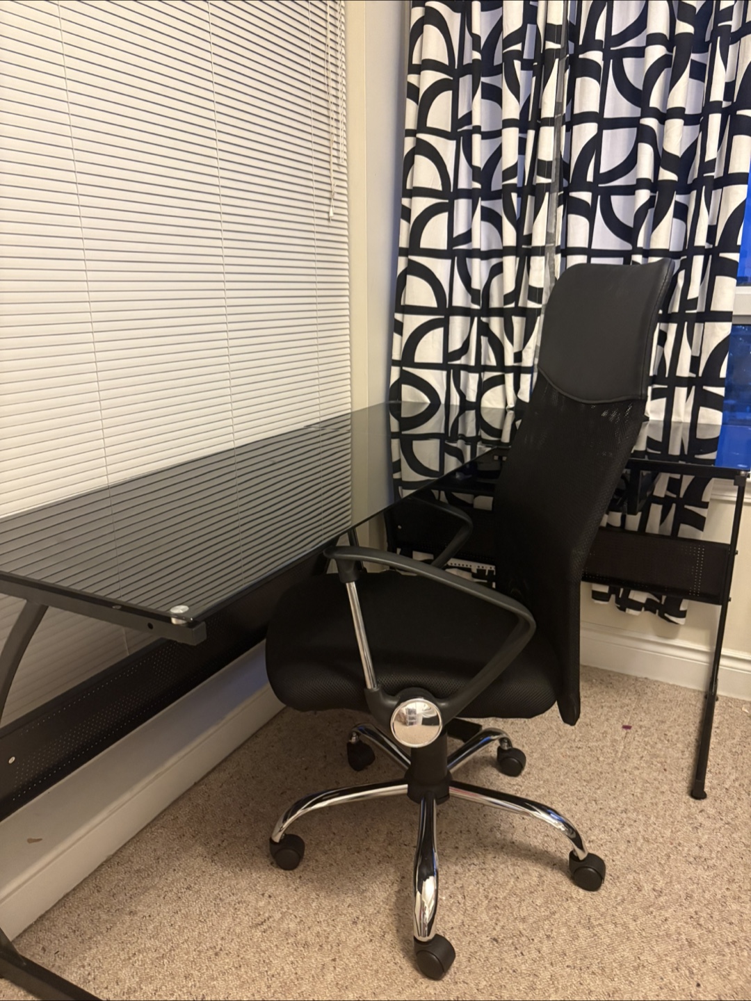 Black Glass Computer Desk with Mesh Office Chair