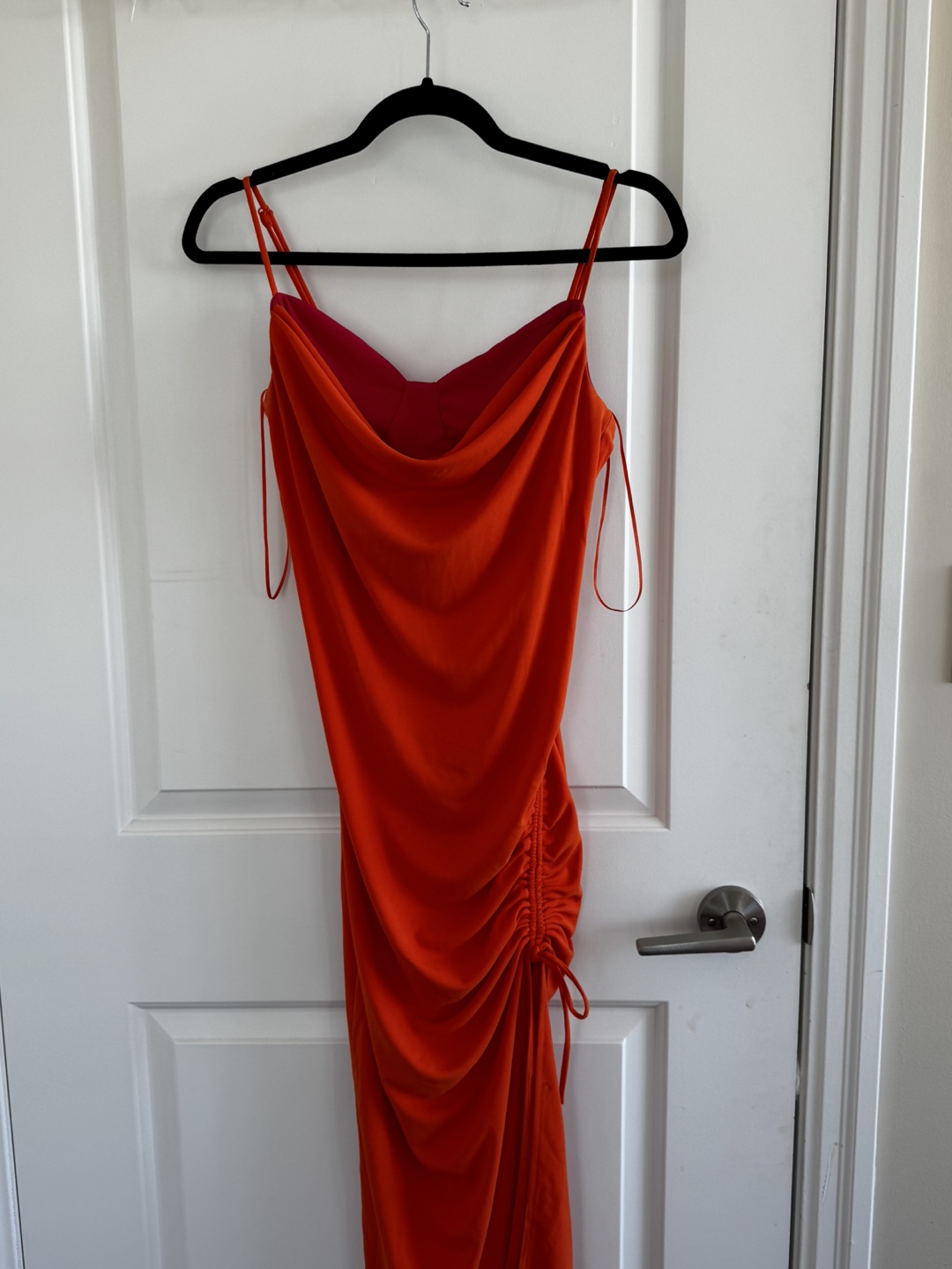 Orange Side Ruched Midi Dress