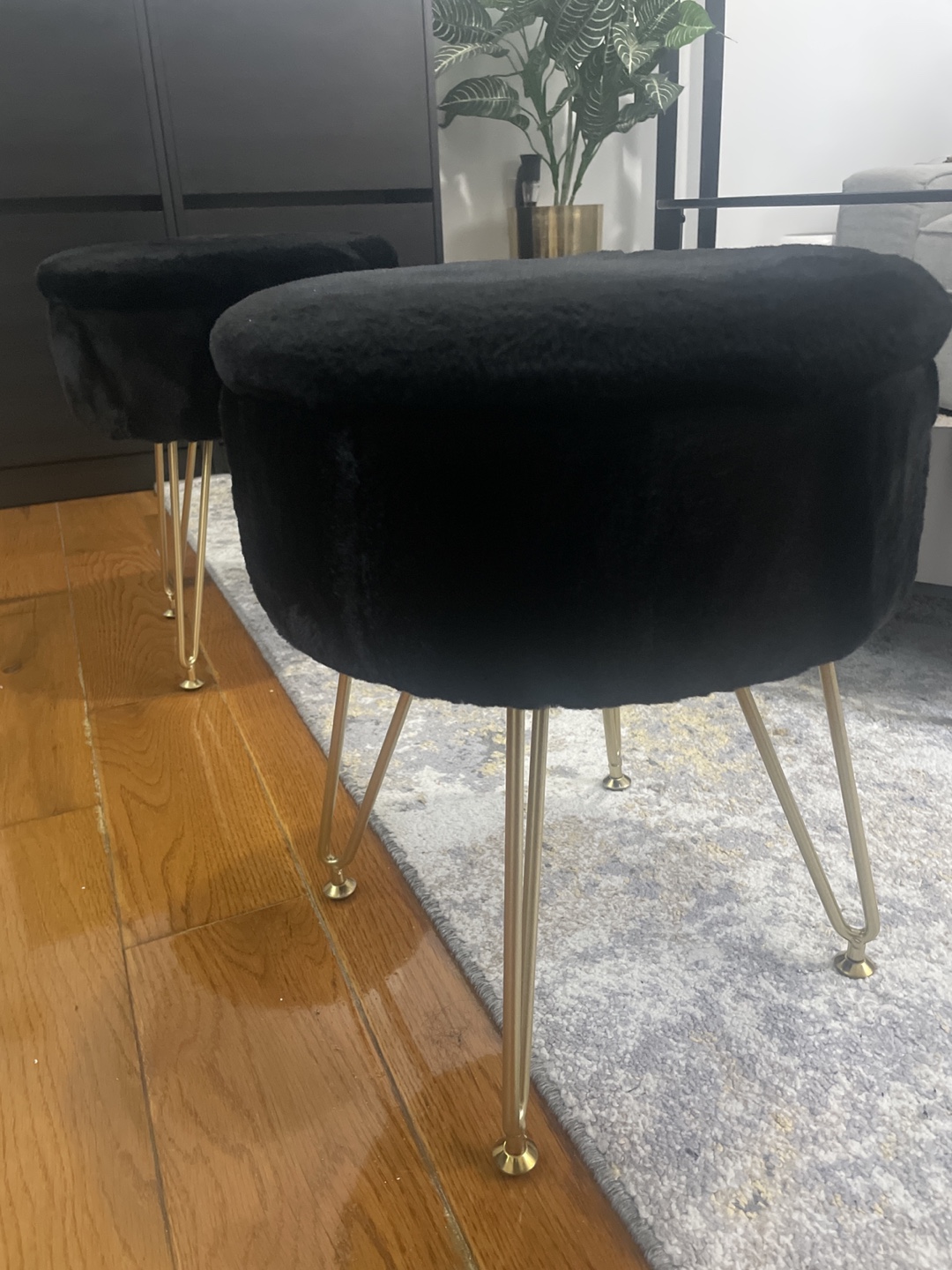 Black Fuzzy Stool with Gold Legs