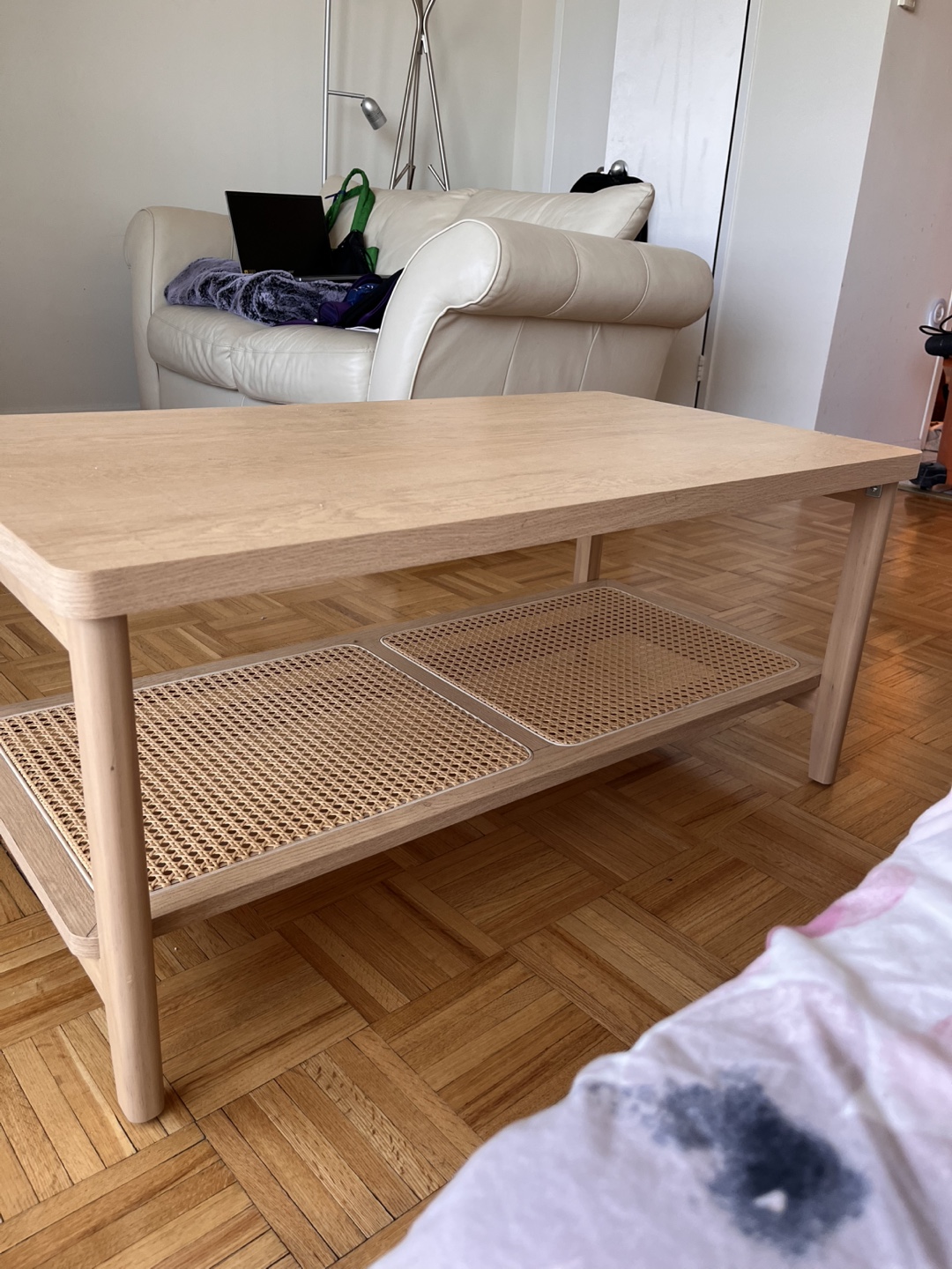 Moving sale until May 30- Oak Coffee Table with Rattan Shelf