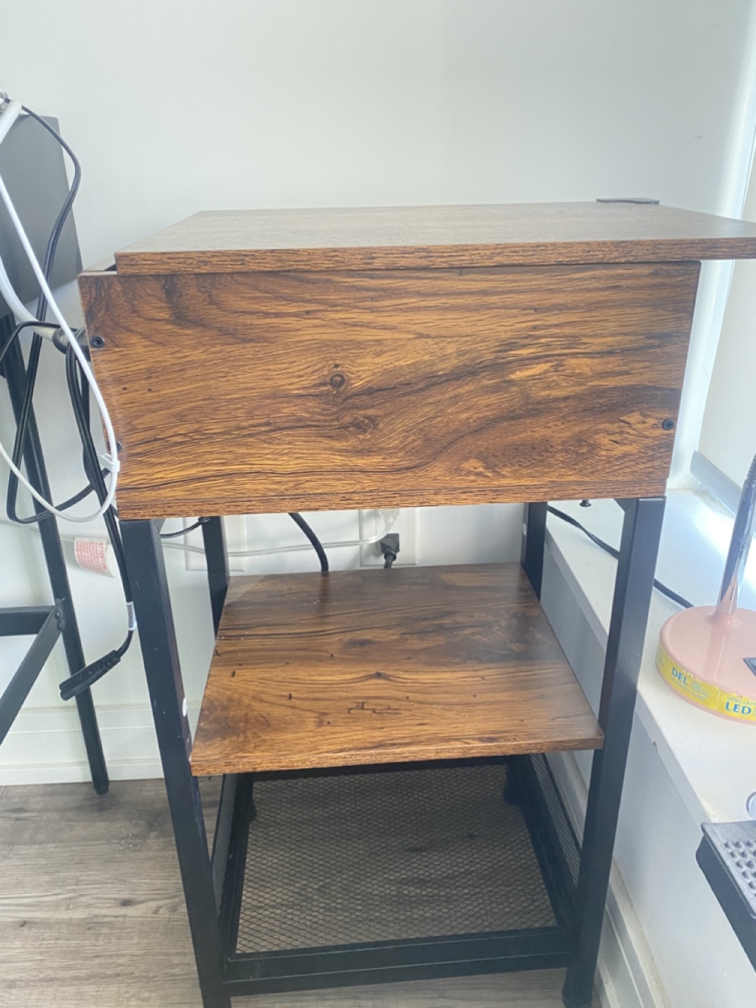 Rustic Wood and Metal Nightstand with Drawer and Shelf