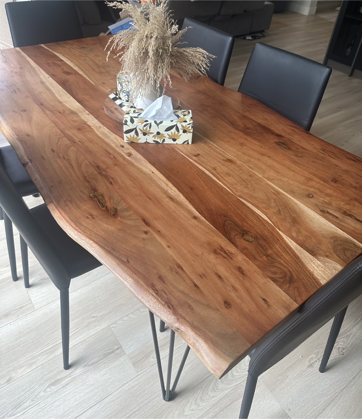 Live Edge Dining Table with Six Black Leather Chairs