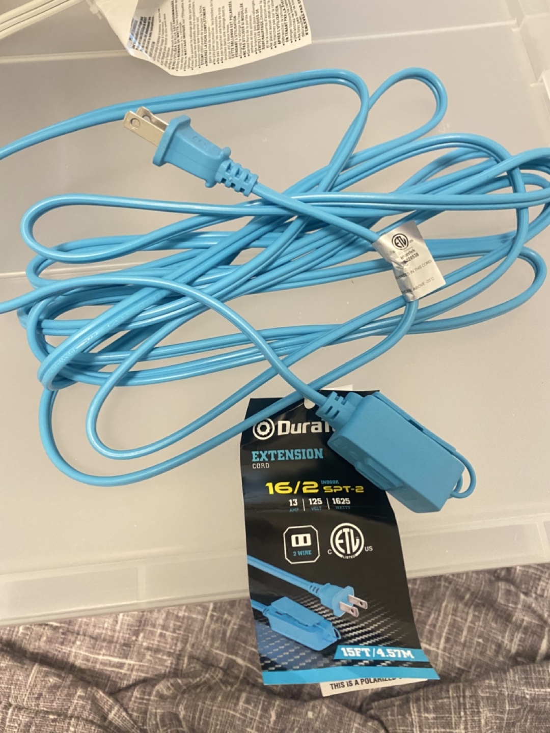 Dura Cord 15ft Light Blue Extension Cord