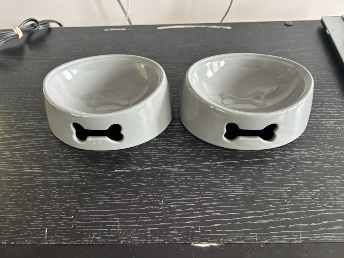 Pair of Grey Ceramic Dog Bowls