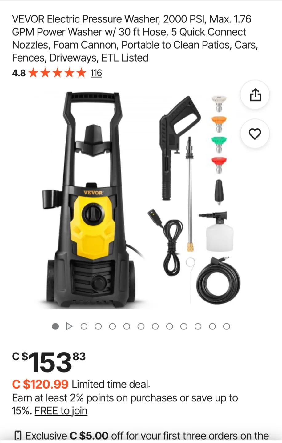 VEVOR Electric High Pressure Washer - 2000 PSI thumbnail