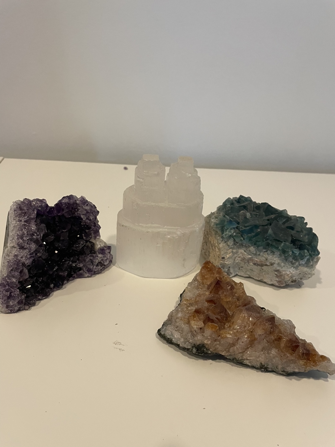 Selenite, fluorite, amethyst, citrine, and obsidian