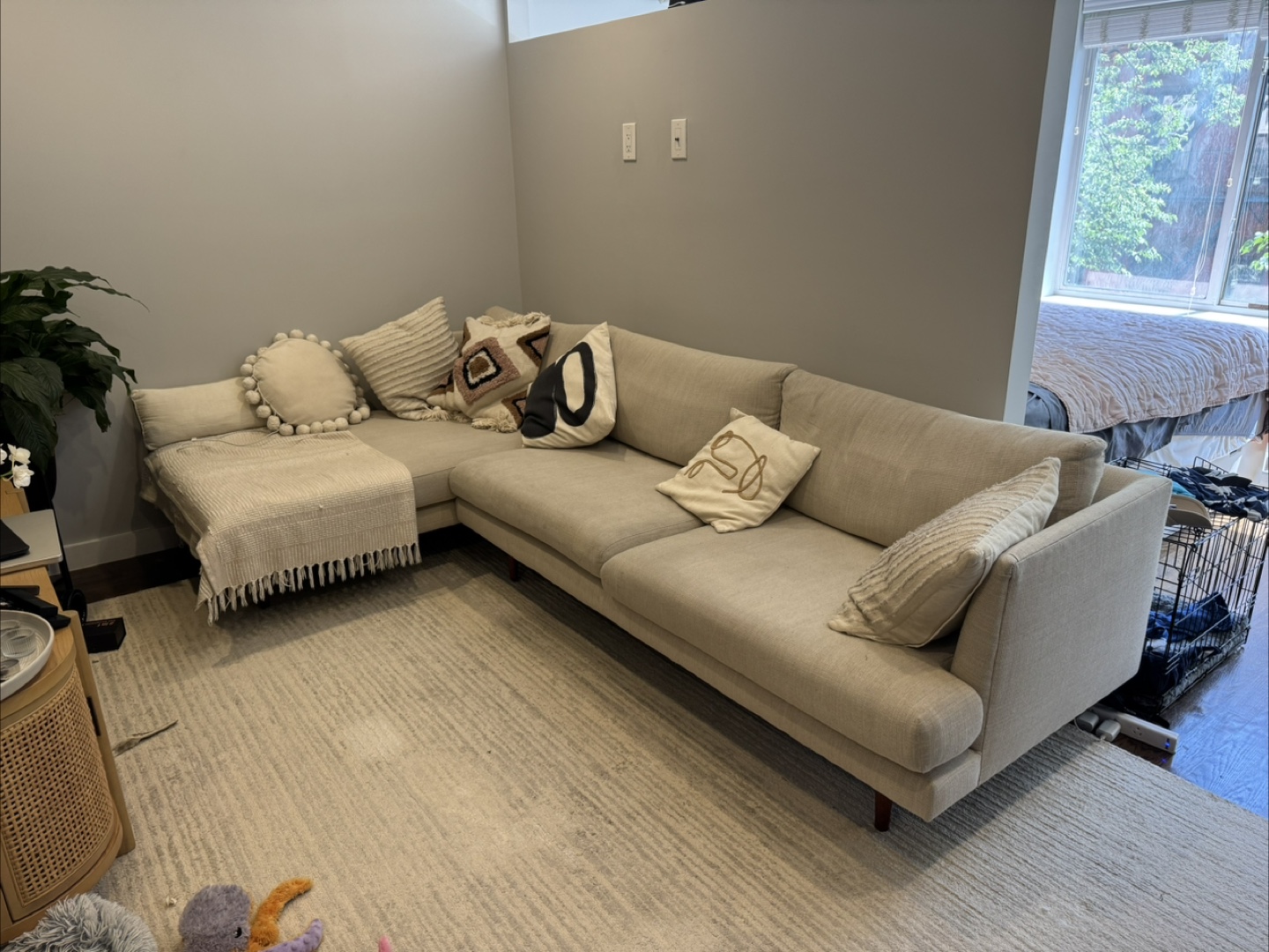 Beige 3 Seater Sectional Sofa with Pillows