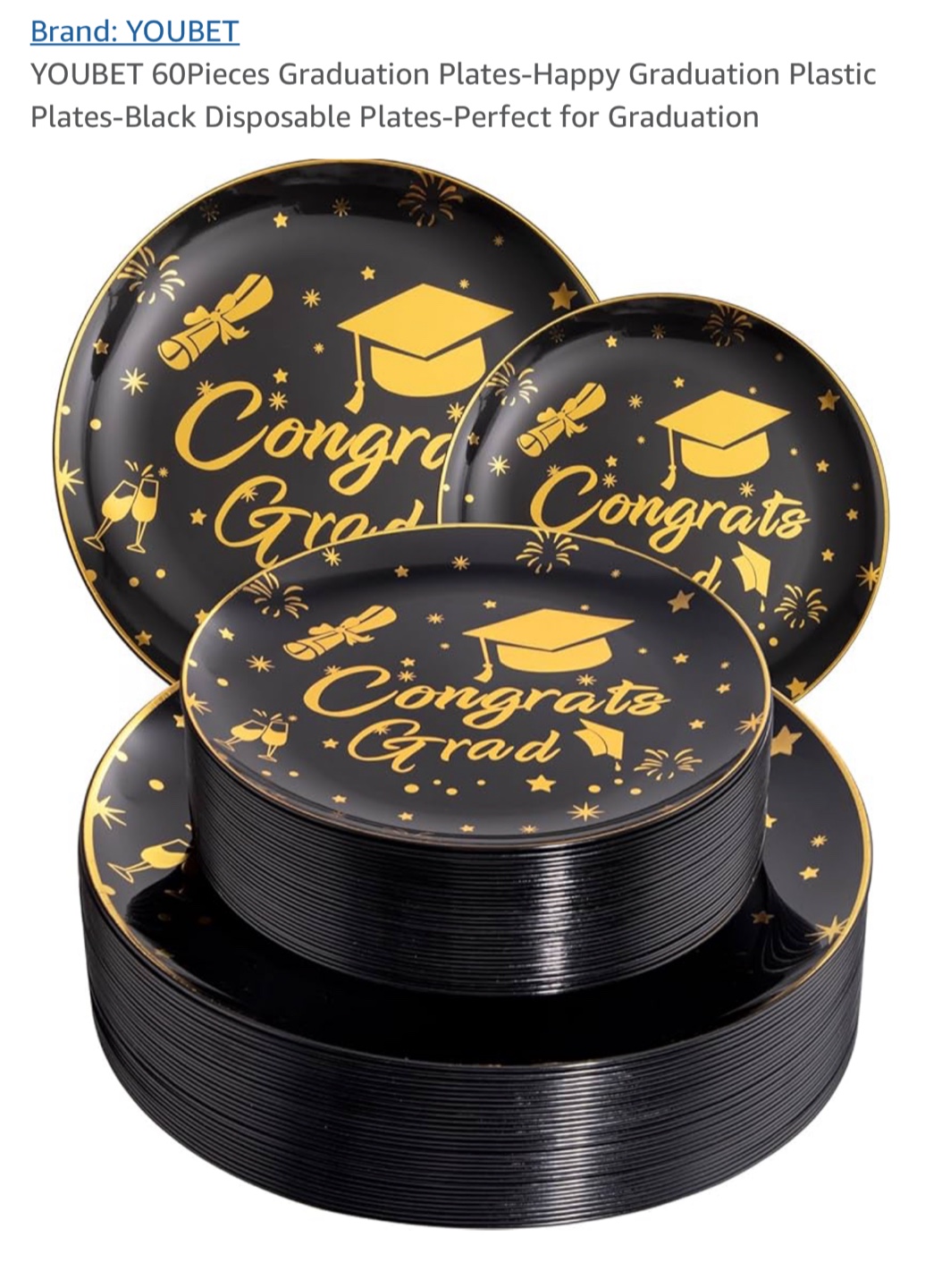 YOUBET 60-Pack Black Disposable Graduation Plates