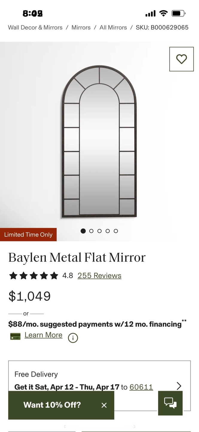 Large Window Style Arched Full Length Mirror