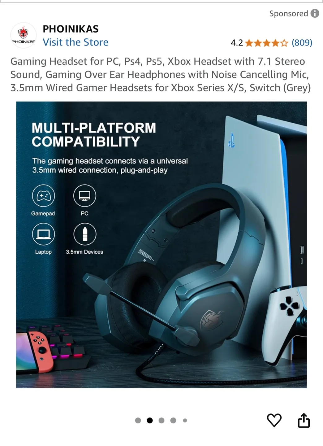 PHOINIKAS Gaming Headset - Wired for PC, PS4, PS5, Xbox image indicator(2)