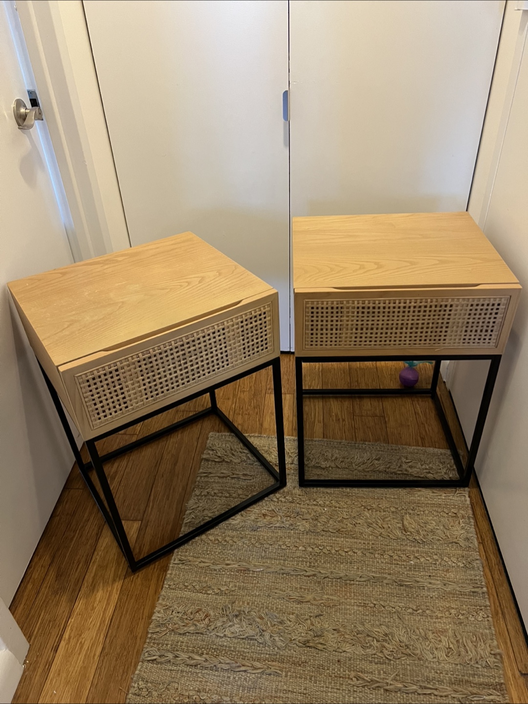 Pair of Nightstands with Rattan Drawer