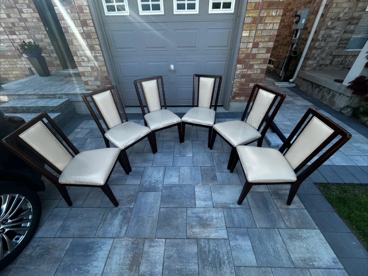 Set of 6 Modern Dining Chairs - Dark Wood and Beige Upholstery thumbnail