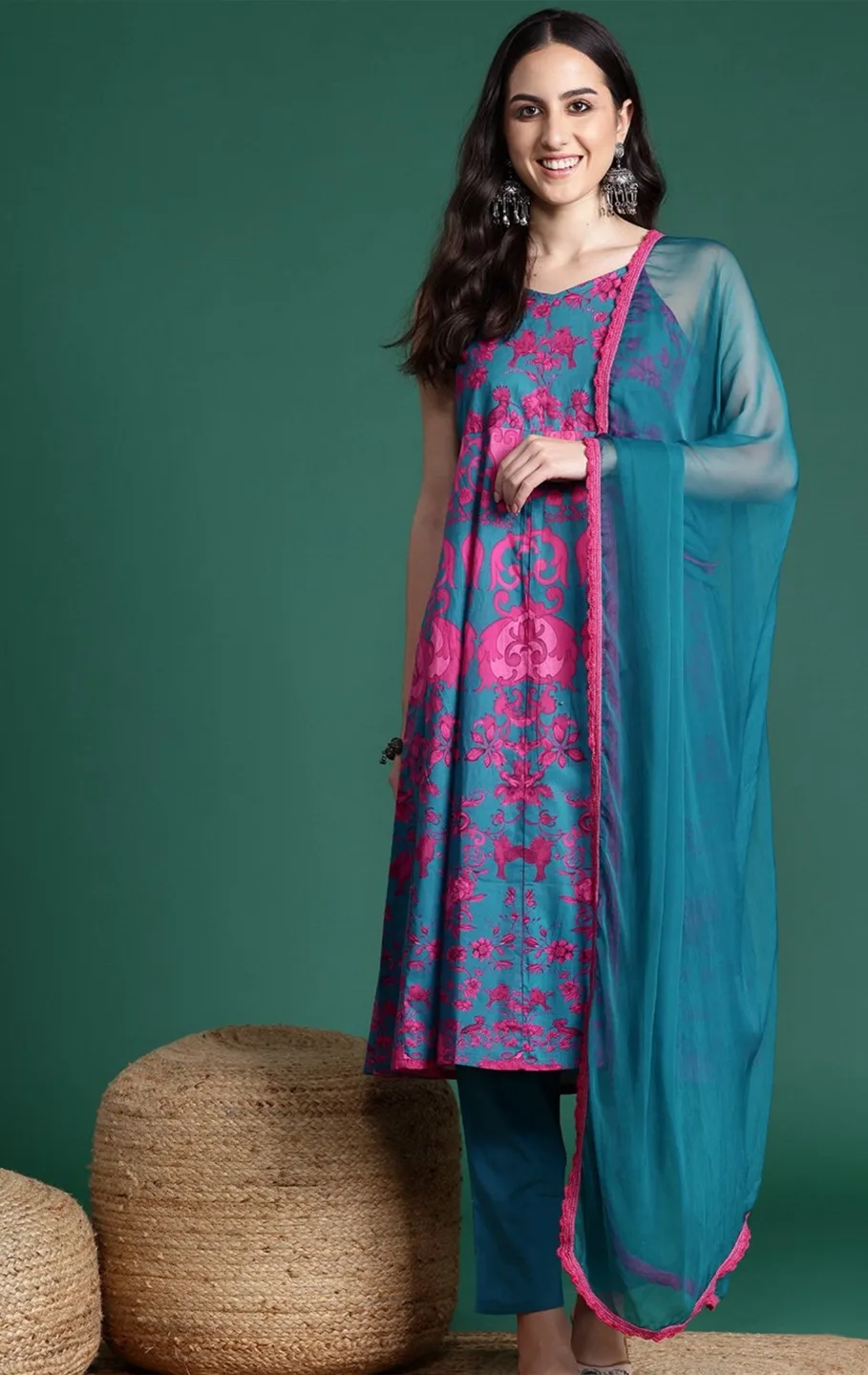 Teal and Pink Floral Printed Kurta Set with Dupatta thumbnail