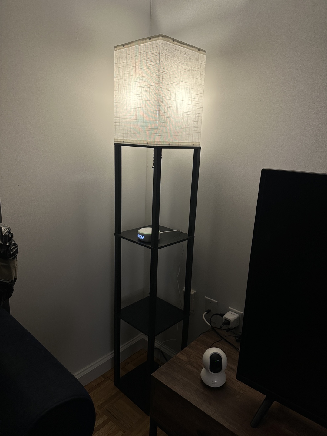 Floor Lamp with Shelves, Black Metal Frame, White Linen Shade