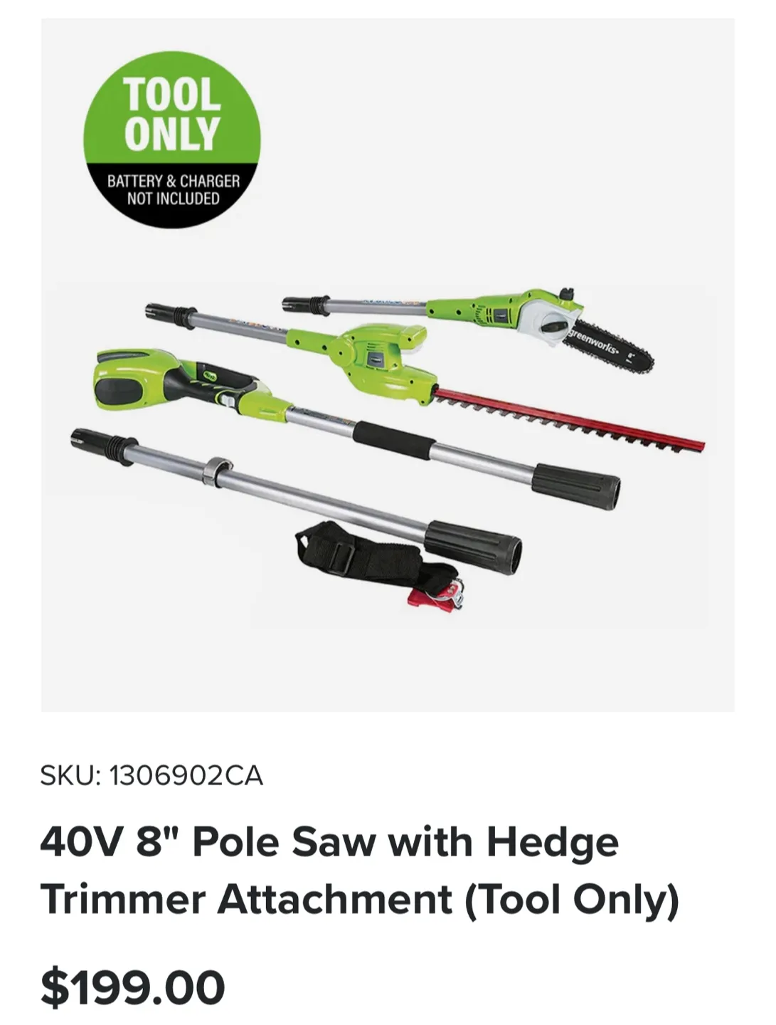 Greenworks 40V 8" Pole Saw with Hedge Trimmer Attachment thumbnail