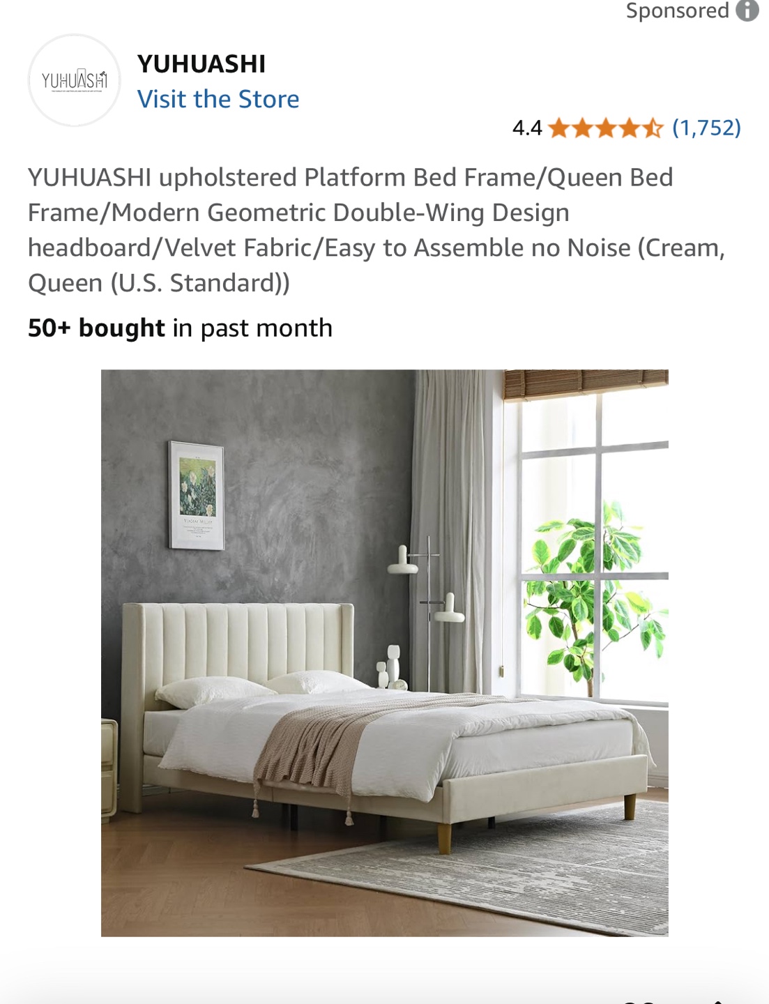 YUHUASHI Queen Upholstered Platform Bed Frame - Cream - photo 3