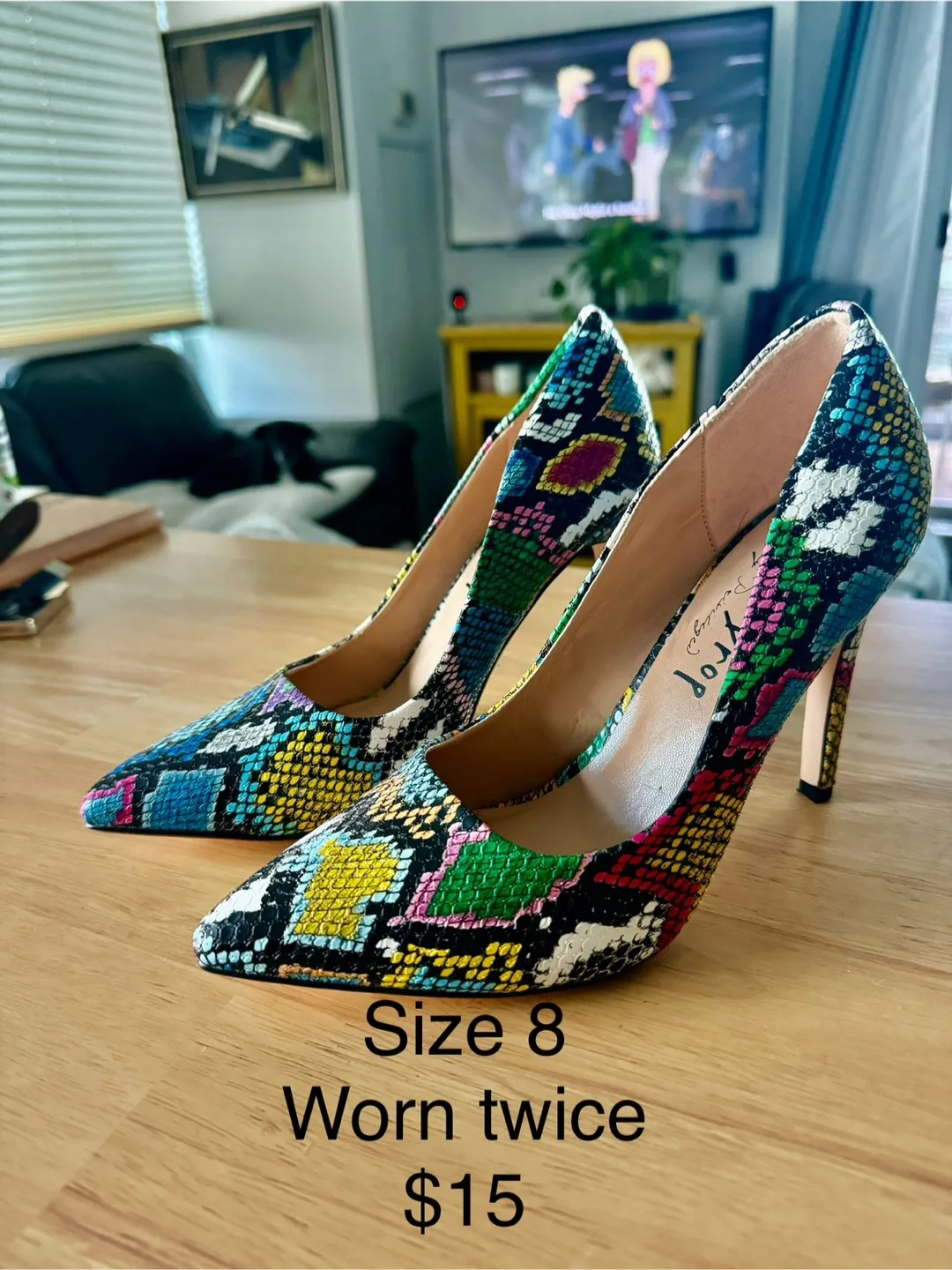 Colorful Snakeskin High Heels - Size 8 thumbnail