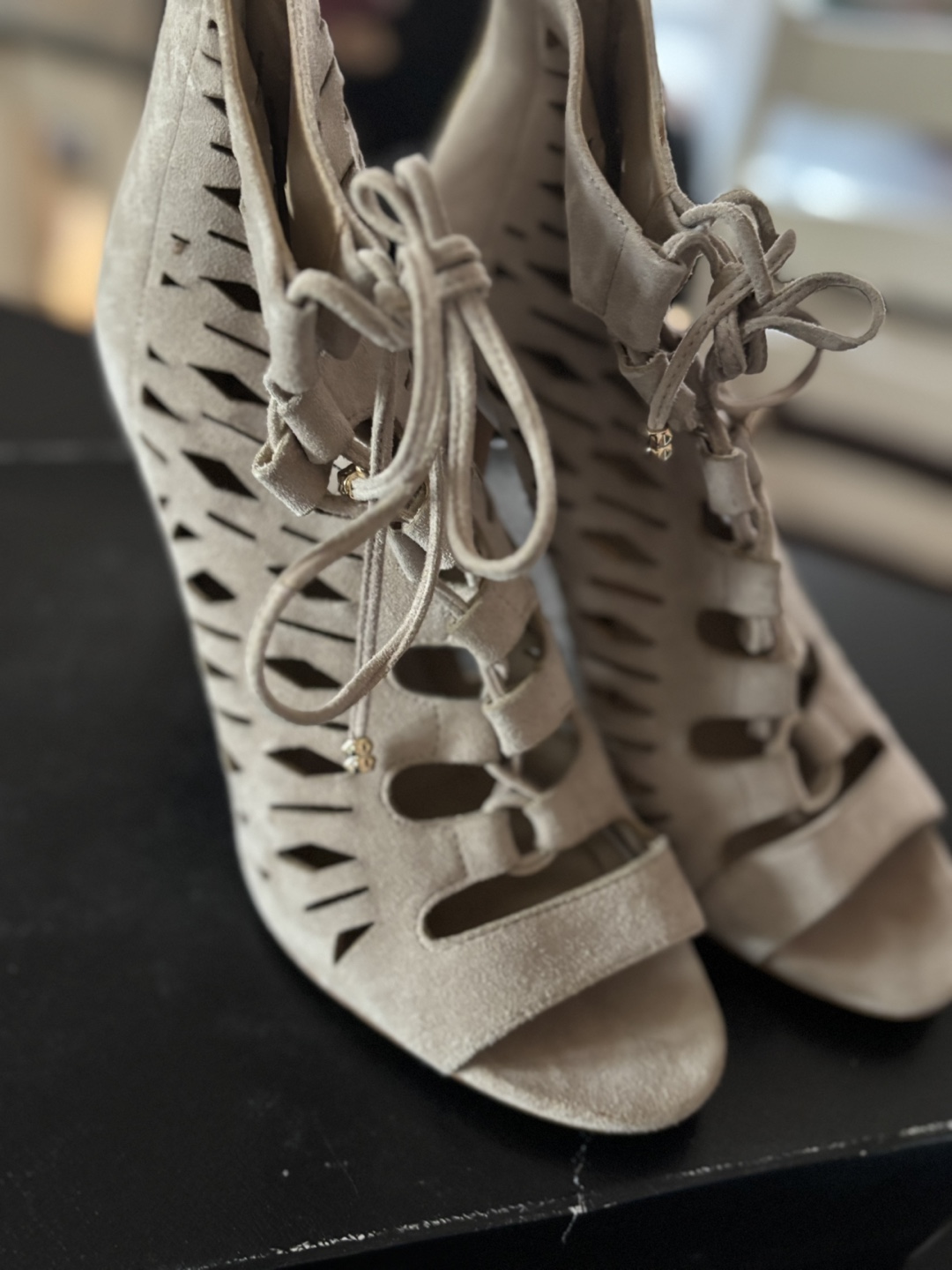 Karl Lagerfeld Paris Beige Cut-Out Lace-Up Heels - Size 8.5