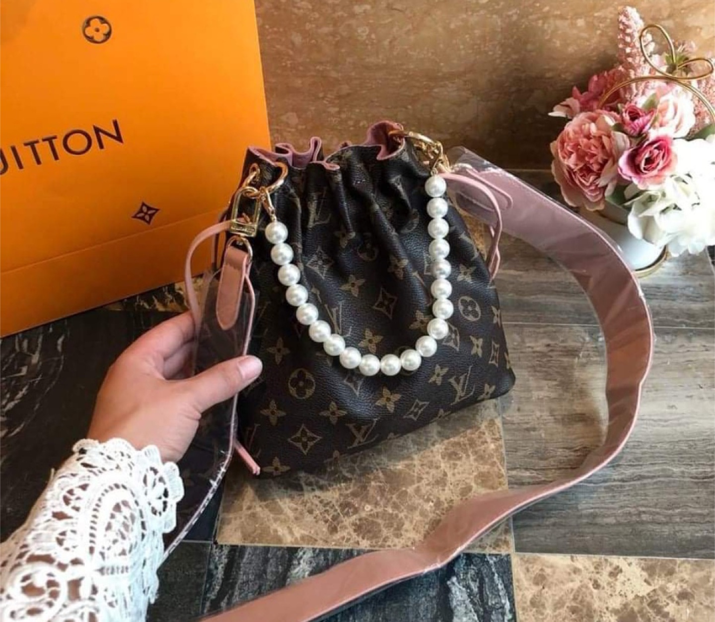 Louis Vuitton Mini Bucket Bag with Pearl Strap