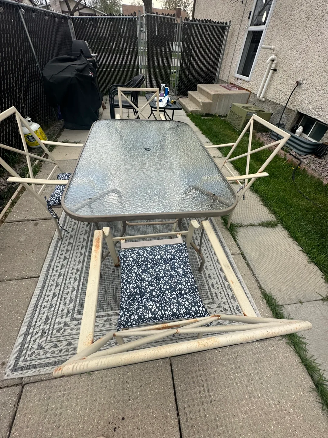 Patio Dining Set - Table and Four Chairs with Blue Cushions thumbnail